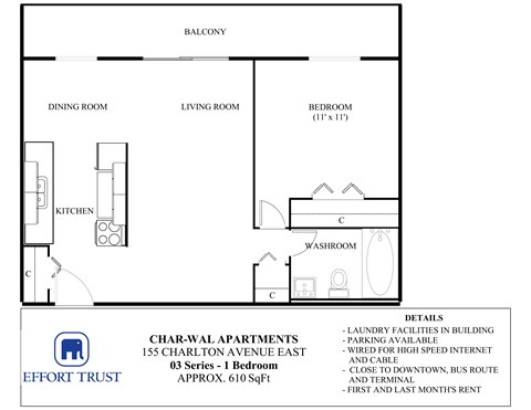 Floor plan for 1 bed, 1 bath, 610 sqft